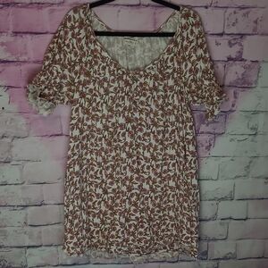 NATURAL LIFE ALLOVER FLORAL PUFF SLEEVE RAW EDGE KEYHOLE FRONT DRESS MIDI MEDIUM